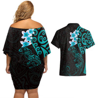 New Zealand Tuatara Plumeria Couples Matching Off Shoulder Short Dress and Hawaiian Shirt Maori Teal Koru Tribal Tattoo LT01 - Polynesian Pride