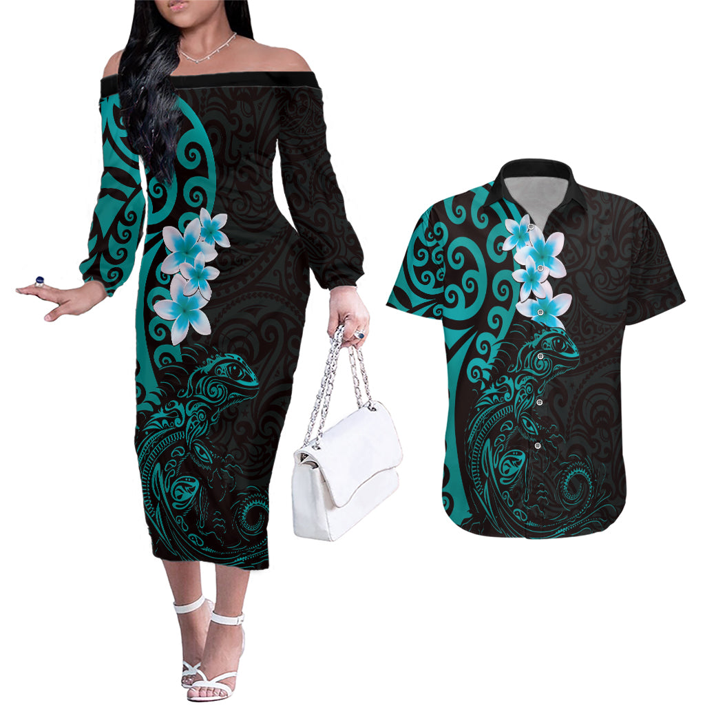 New Zealand Tuatara Plumeria Couples Matching Off The Shoulder Long Sleeve Dress and Hawaiian Shirt Maori Teal Koru Tribal Tattoo LT01 Teal - Polynesian Pride