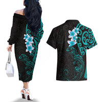 New Zealand Tuatara Plumeria Couples Matching Off The Shoulder Long Sleeve Dress and Hawaiian Shirt Maori Teal Koru Tribal Tattoo LT01 - Polynesian Pride
