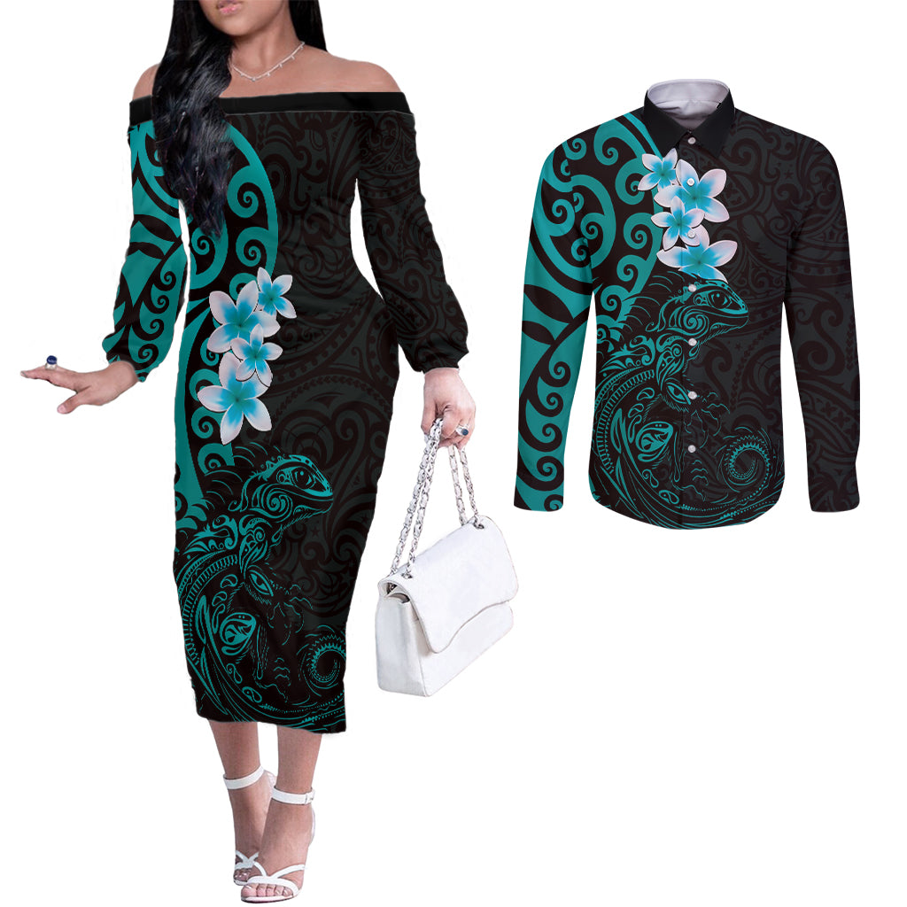New Zealand Tuatara Plumeria Couples Matching Off The Shoulder Long Sleeve Dress and Long Sleeve Button Shirt Maori Teal Koru Tribal Tattoo LT01 Teal - Polynesian Pride
