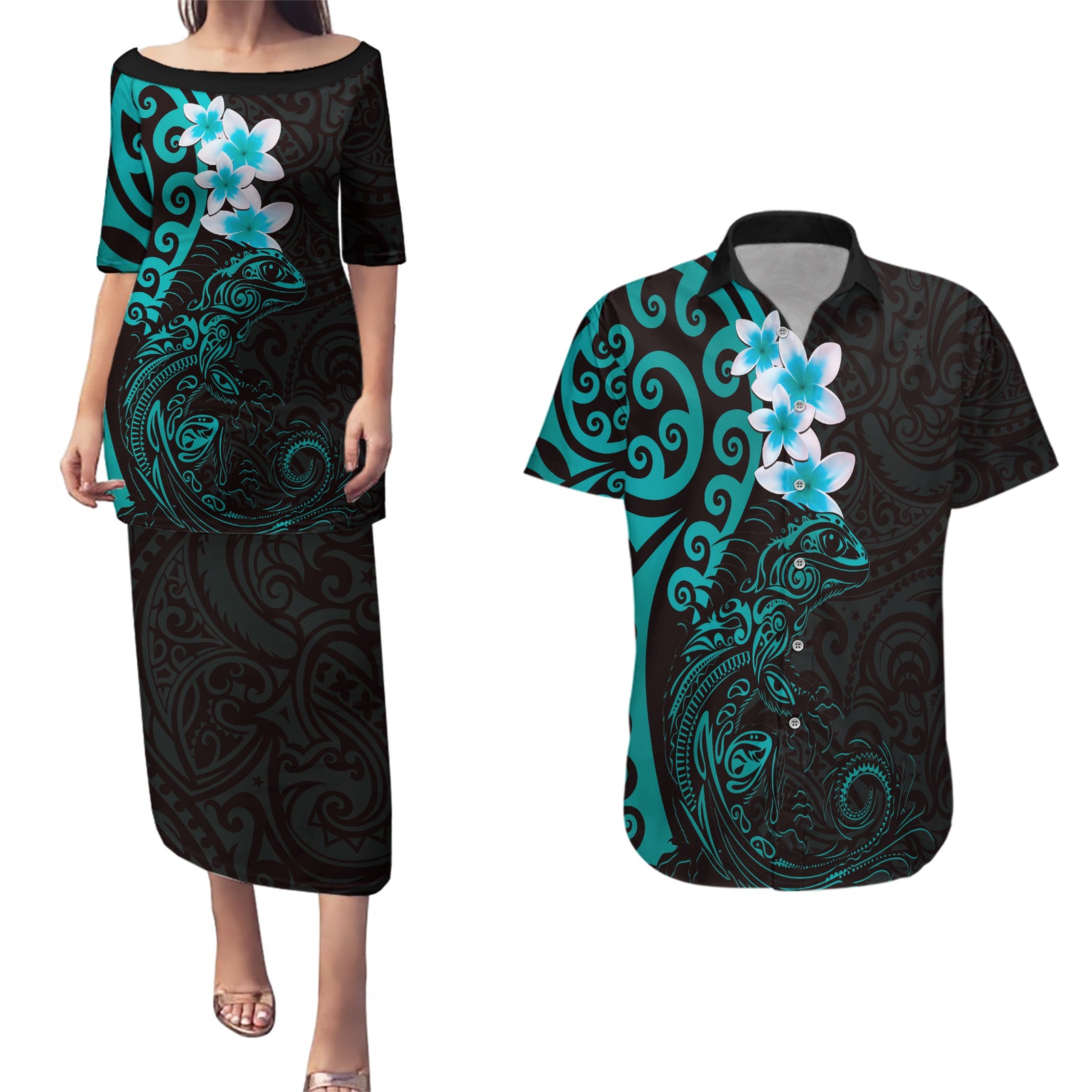 New Zealand Tuatara Plumeria Couples Matching Puletasi and Hawaiian Shirt Maori Teal Koru Tribal Tattoo
