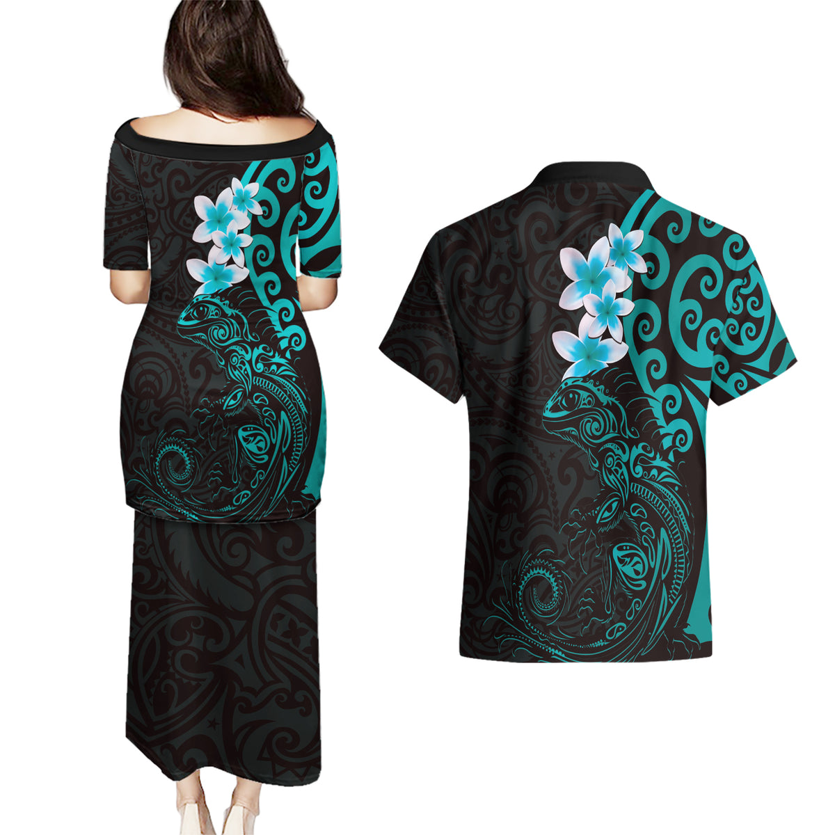 New Zealand Tuatara Plumeria Couples Matching Puletasi and Hawaiian Shirt Maori Teal Koru Tribal Tattoo LT01 - Polynesian Pride