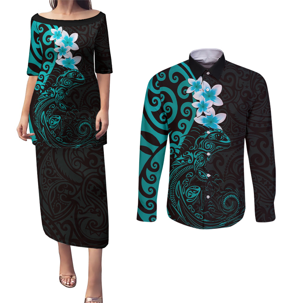 New Zealand Tuatara Plumeria Couples Matching Puletasi and Long Sleeve Button Shirt Maori Teal Koru Tribal Tattoo LT01 Teal - Polynesian Pride
