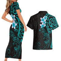 New Zealand Tuatara Plumeria Couples Matching Short Sleeve Bodycon Dress and Hawaiian Shirt Maori Teal Koru Tribal Tattoo LT01 - Polynesian Pride