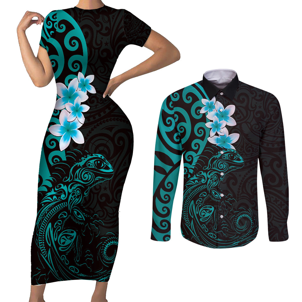 New Zealand Tuatara Plumeria Couples Matching Short Sleeve Bodycon Dress and Long Sleeve Button Shirt Maori Teal Koru Tribal Tattoo