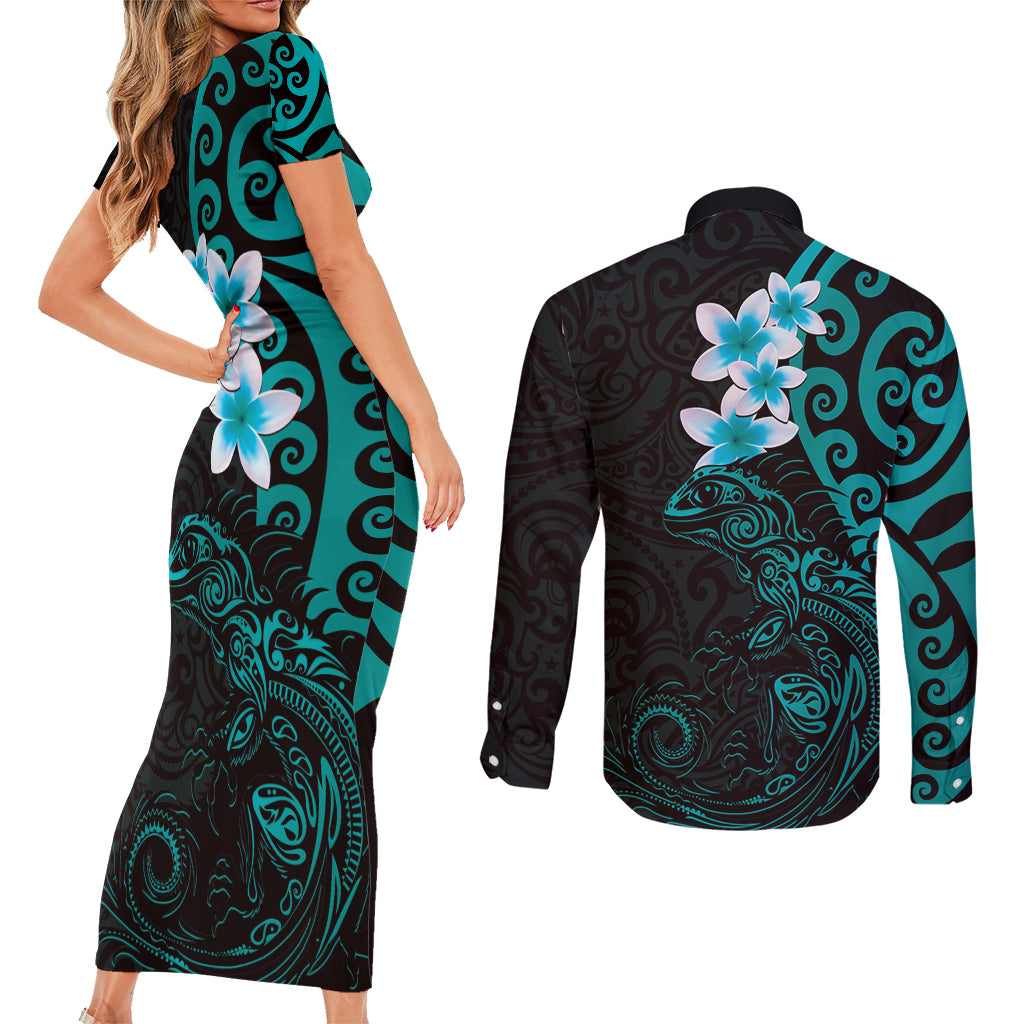 New Zealand Tuatara Plumeria Couples Matching Short Sleeve Bodycon Dress and Long Sleeve Button Shirt Maori Teal Koru Tribal Tattoo LT01 - Polynesian Pride