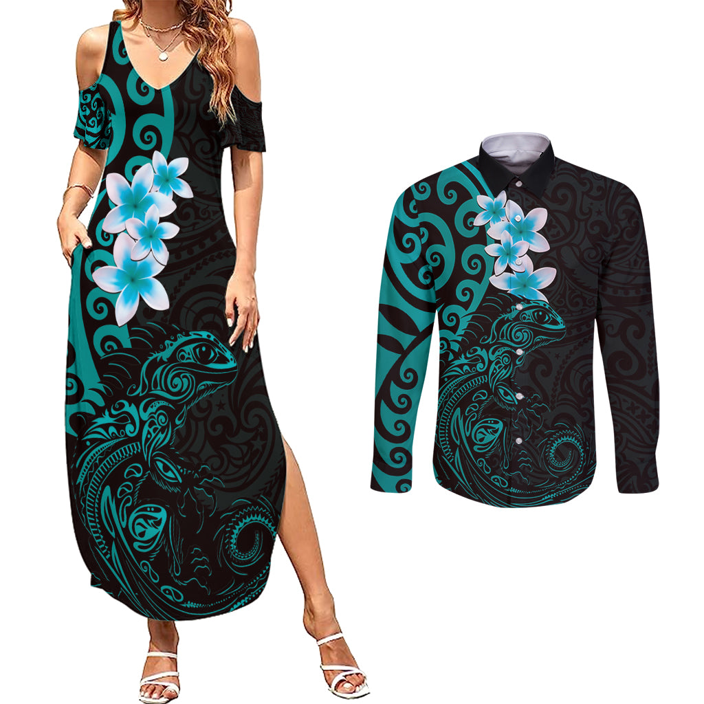 New Zealand Tuatara Plumeria Couples Matching Summer Maxi Dress and Long Sleeve Button Shirt Maori Teal Koru Tribal Tattoo