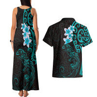 New Zealand Tuatara Plumeria Couples Matching Tank Maxi Dress and Hawaiian Shirt Maori Teal Koru Tribal Tattoo LT01 - Polynesian Pride