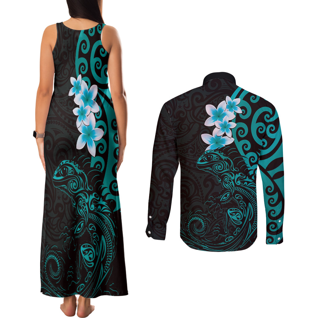 New Zealand Tuatara Plumeria Couples Matching Tank Maxi Dress and Long Sleeve Button Shirt Maori Teal Koru Tribal Tattoo LT01 - Polynesian Pride