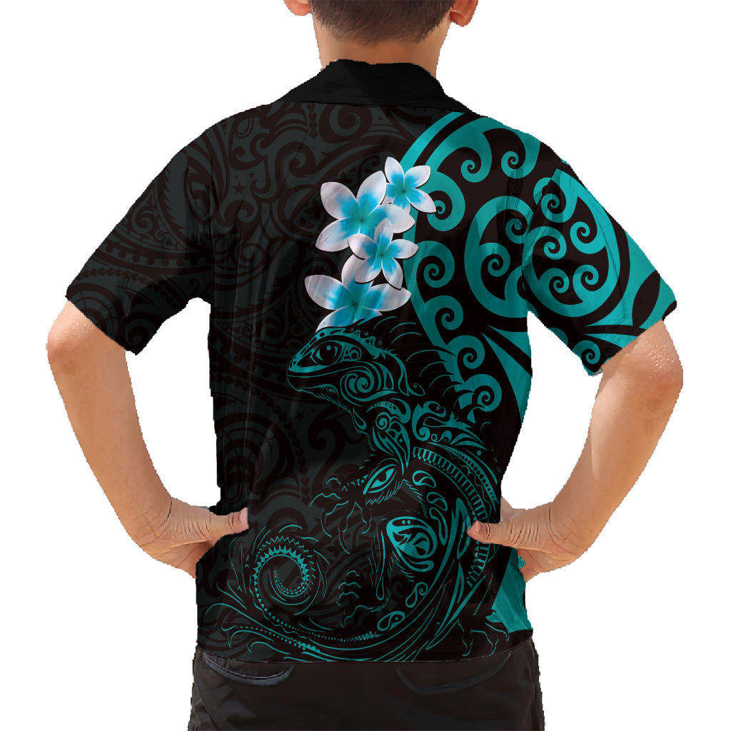 New Zealand Tuatara Plumeria Family Matching Long Sleeve Bodycon Dress and Hawaiian Shirt Maori Teal Koru Tribal Tattoo LT01 - Polynesian Pride