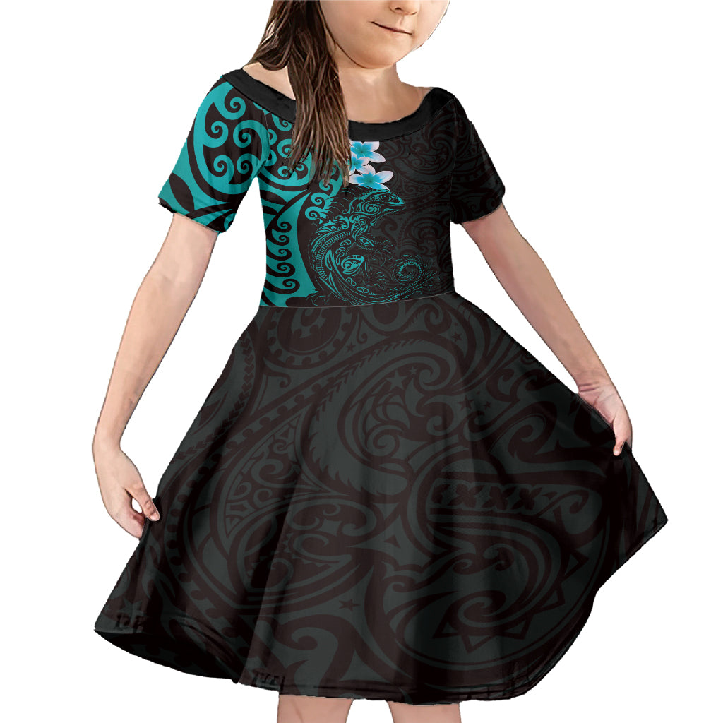 New Zealand Tuatara Plumeria Family Matching Mermaid Dress and Hawaiian Shirt Maori Teal Koru Tribal Tattoo LT01 Daughter's Dress Teal - Polynesian Pride