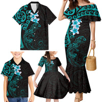 New Zealand Tuatara Plumeria Family Matching Mermaid Dress and Hawaiian Shirt Maori Teal Koru Tribal Tattoo LT01 - Polynesian Pride