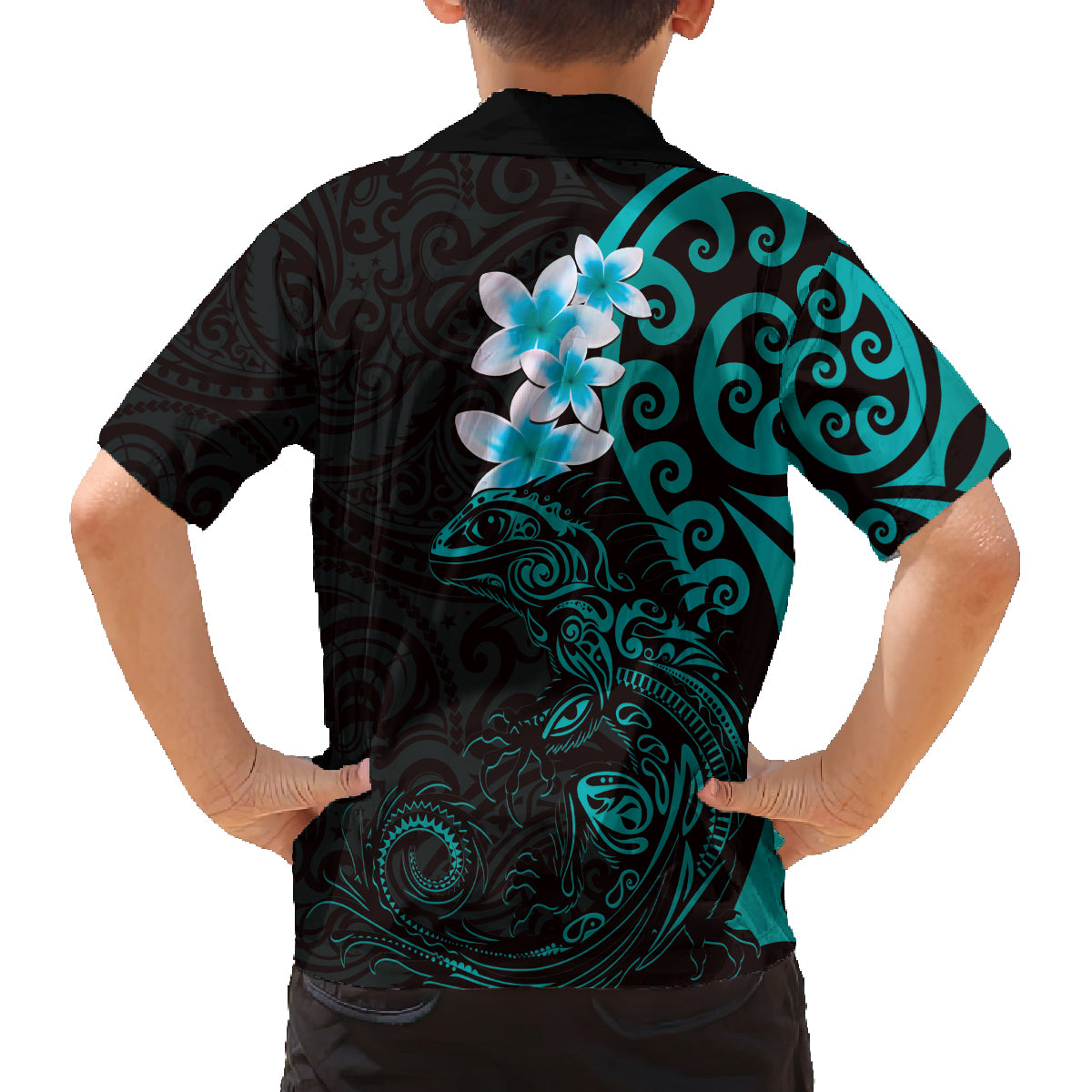 New Zealand Tuatara Plumeria Family Matching Off The Shoulder Long Sleeve Dress and Hawaiian Shirt Maori Teal Koru Tribal Tattoo LT01 - Polynesian Pride