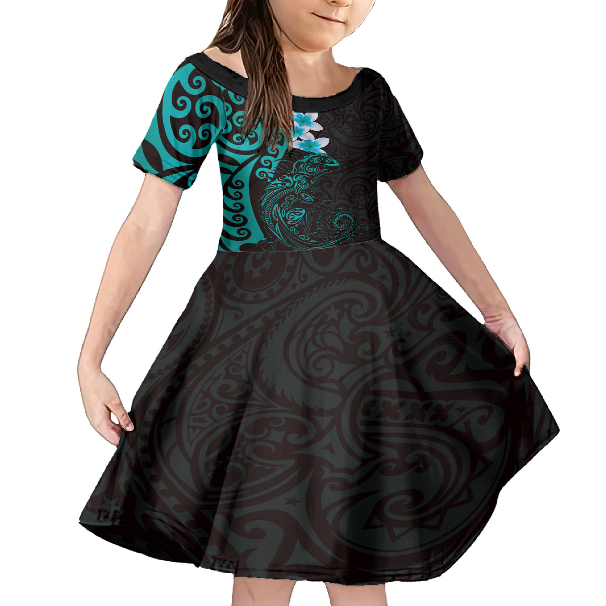 New Zealand Tuatara Plumeria Family Matching Off The Shoulder Long Sleeve Dress and Hawaiian Shirt Maori Teal Koru Tribal Tattoo LT01 Daughter's Dress Teal - Polynesian Pride