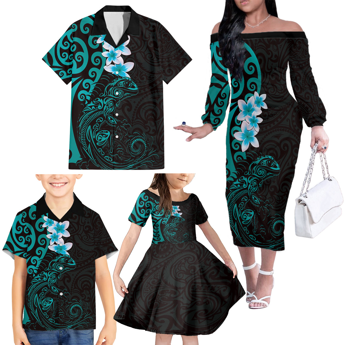 New Zealand Tuatara Plumeria Family Matching Off The Shoulder Long Sleeve Dress and Hawaiian Shirt Maori Teal Koru Tribal Tattoo LT01 - Polynesian Pride