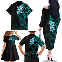New Zealand Tuatara Plumeria Family Matching Off The Shoulder Long Sleeve Dress and Hawaiian Shirt Maori Teal Koru Tribal Tattoo LT01 - Polynesian Pride