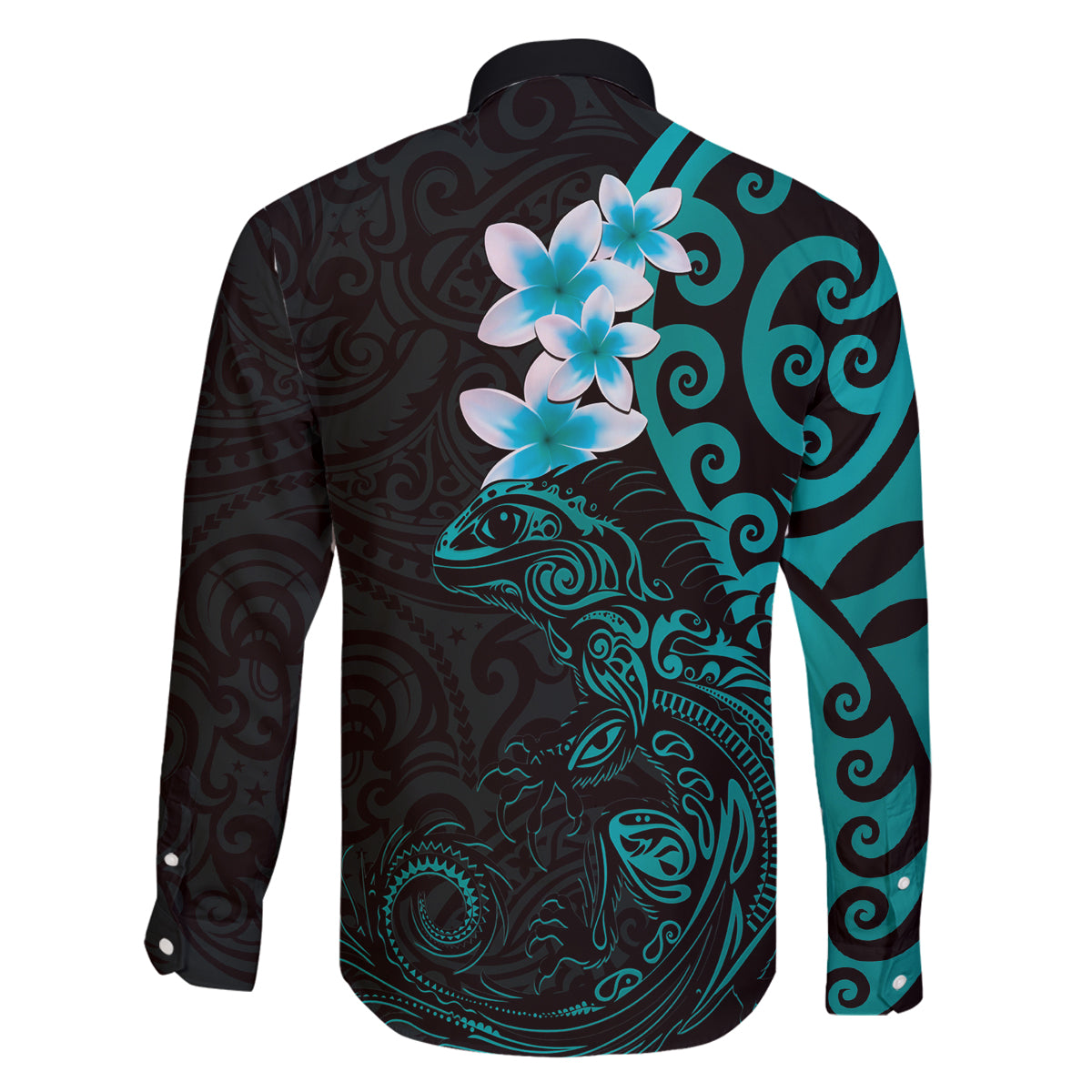 New Zealand Tuatara Plumeria Family Matching Off The Shoulder Long Sleeve Dress and Hawaiian Shirt Maori Teal Koru Tribal Tattoo LT01 - Polynesian Pride