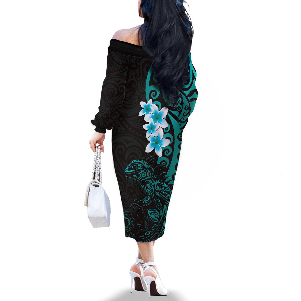 New Zealand Tuatara Plumeria Family Matching Off The Shoulder Long Sleeve Dress and Hawaiian Shirt Maori Teal Koru Tribal Tattoo LT01 - Polynesian Pride