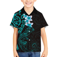 New Zealand Tuatara Plumeria Family Matching Off Shoulder Short Dress and Hawaiian Shirt Maori Teal Koru Tribal Tattoo LT01 Son's Shirt Teal - Polynesian Pride