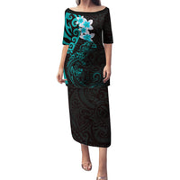 New Zealand Tuatara Plumeria Family Matching Puletasi and Hawaiian Shirt Maori Teal Koru Tribal Tattoo LT01 Mom's Dress Teal - Polynesian Pride