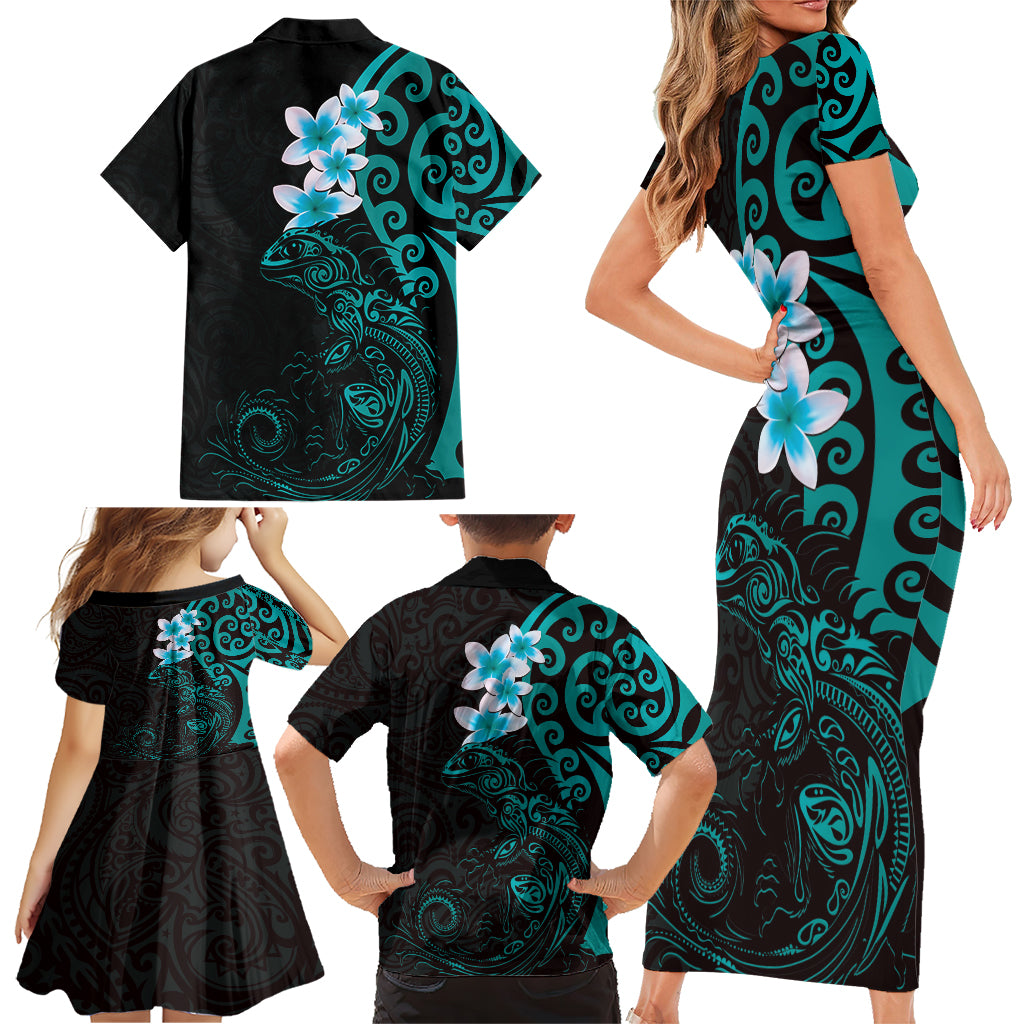 New Zealand Tuatara Plumeria Family Matching Short Sleeve Bodycon Dress and Hawaiian Shirt Maori Teal Koru Tribal Tattoo LT01 - Polynesian Pride