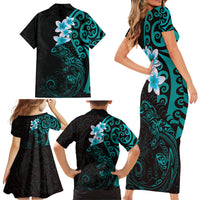New Zealand Tuatara Plumeria Family Matching Short Sleeve Bodycon Dress and Hawaiian Shirt Maori Teal Koru Tribal Tattoo LT01 - Polynesian Pride