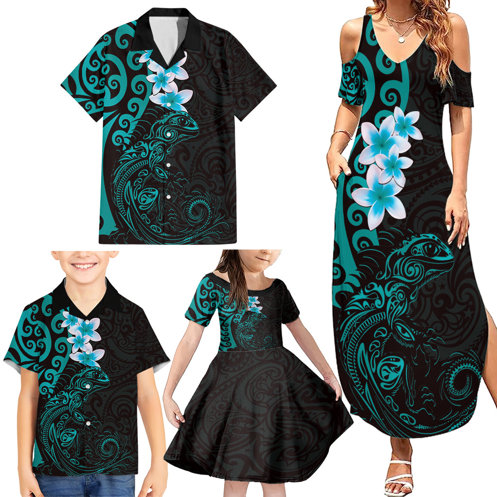 New Zealand Tuatara Plumeria Family Matching Summer Maxi Dress and Hawaiian Shirt Maori Teal Koru Tribal Tattoo LT01 - Polynesian Pride