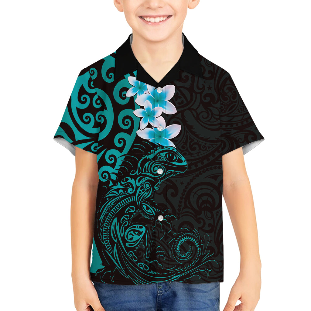 New Zealand Tuatara Plumeria Family Matching Summer Maxi Dress and Hawaiian Shirt Maori Teal Koru Tribal Tattoo LT01 Son's Shirt Teal - Polynesian Pride