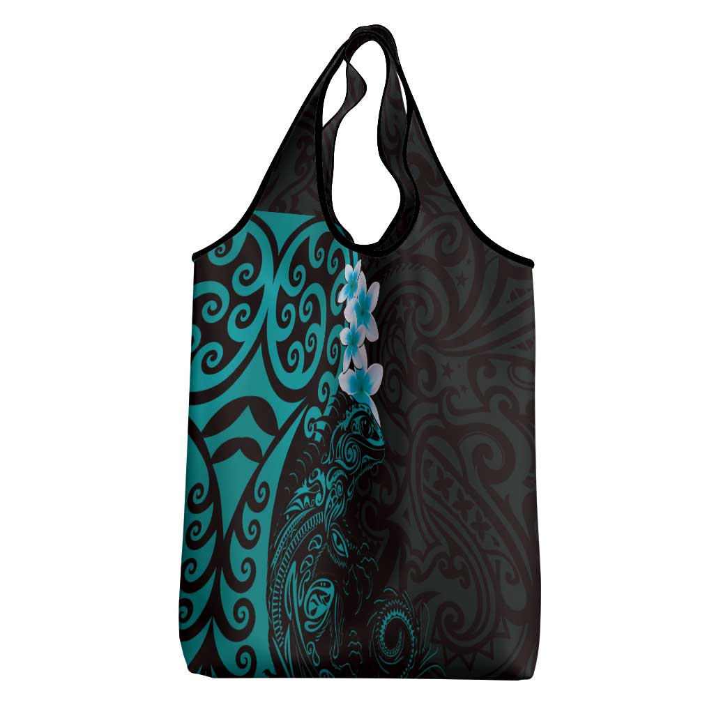New Zealand Tuatara Plumeria Grocery Bag Maori Teal Koru Tribal Tattoo LT01 - Polynesian Pride