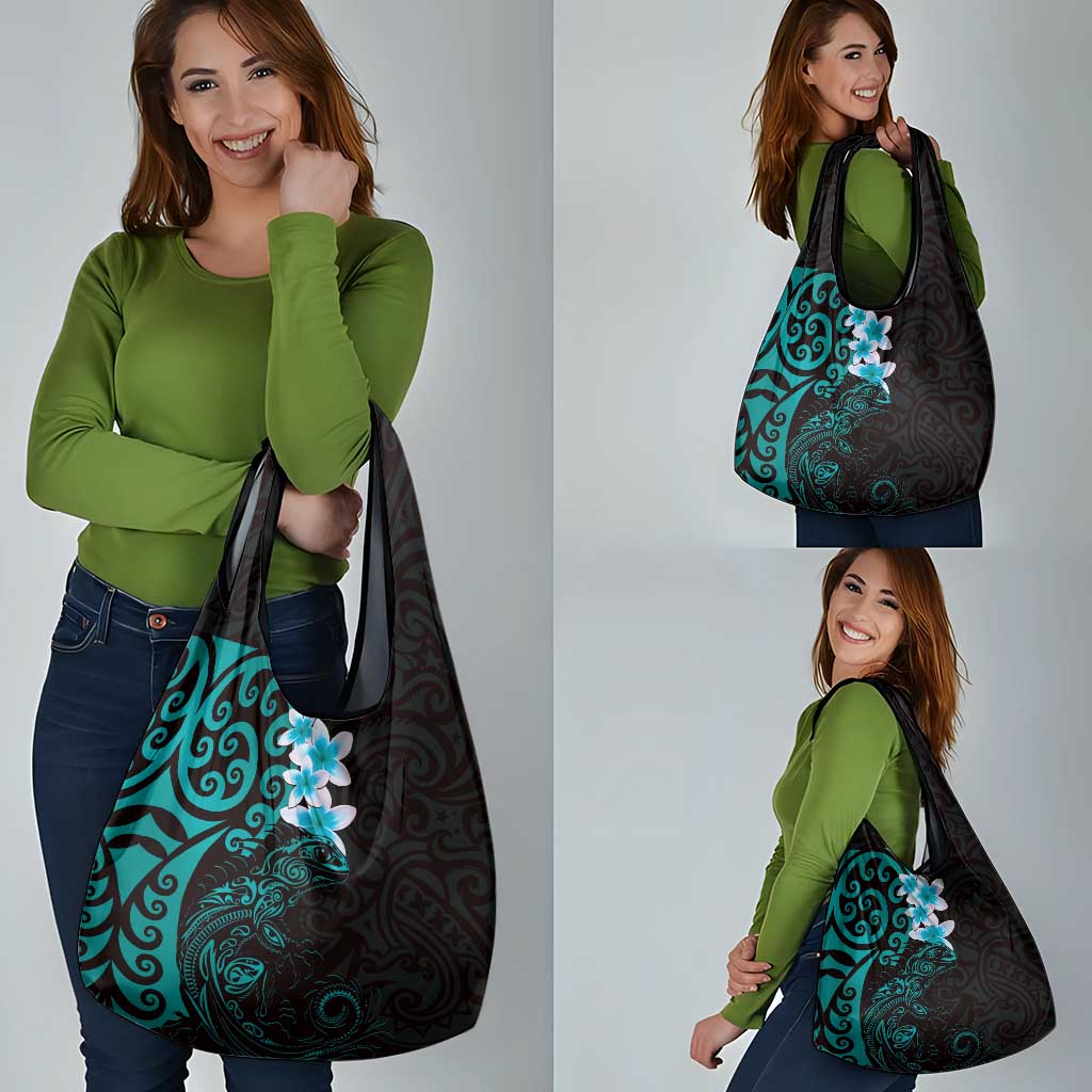 New Zealand Tuatara Plumeria Grocery Bag Maori Teal Koru Tribal Tattoo LT01 - Polynesian Pride