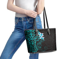 New Zealand Tuatara Plumeria Leather Tote Bag Maori Teal Koru Tribal Tattoo LT01 - Polynesian Pride