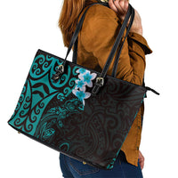 New Zealand Tuatara Plumeria Leather Tote Bag Maori Teal Koru Tribal Tattoo LT01 - Polynesian Pride