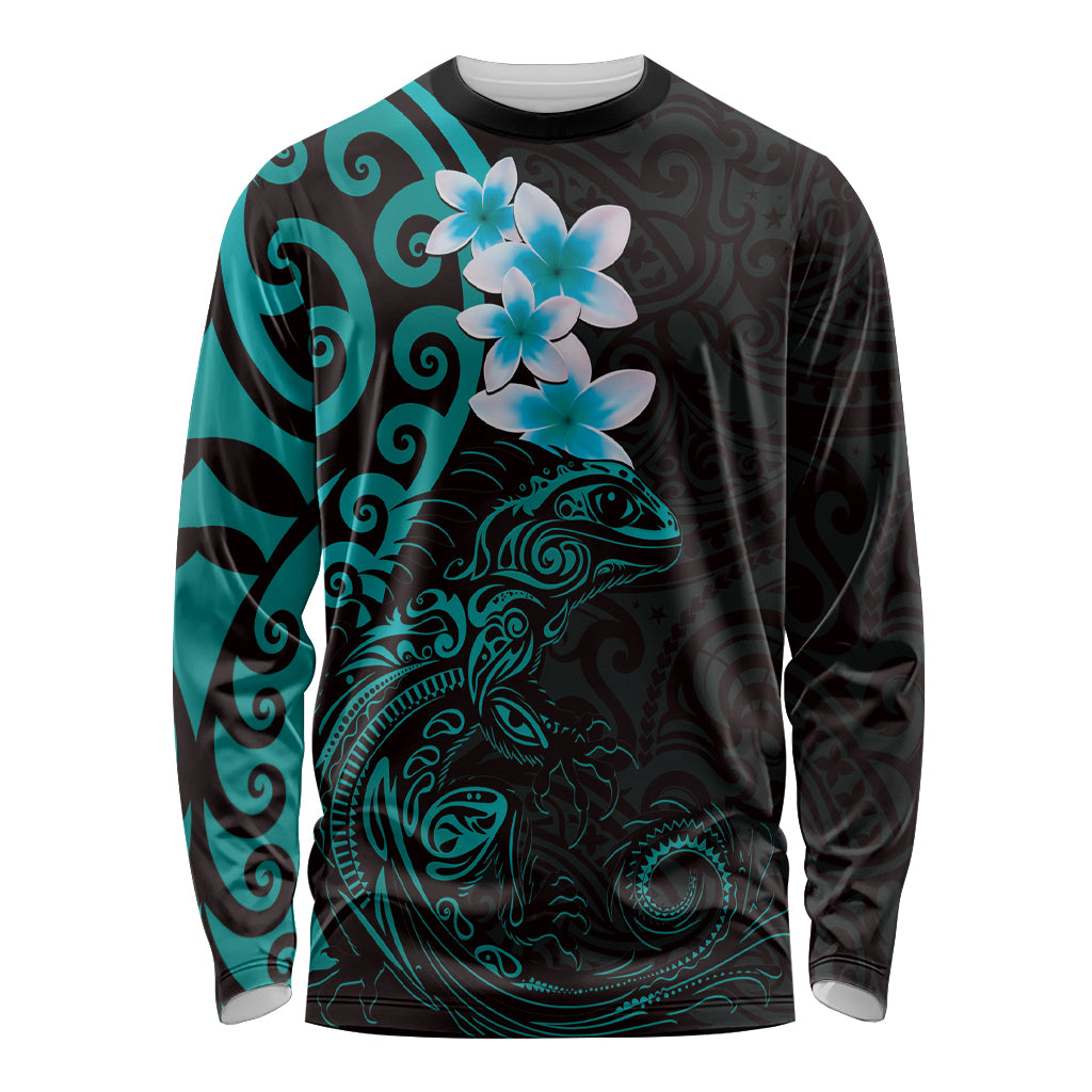 New Zealand Tuatara Plumeria Long Sleeve Shirt Maori Teal Koru Tribal Tattoo LT01 Unisex Teal - Polynesian Pride