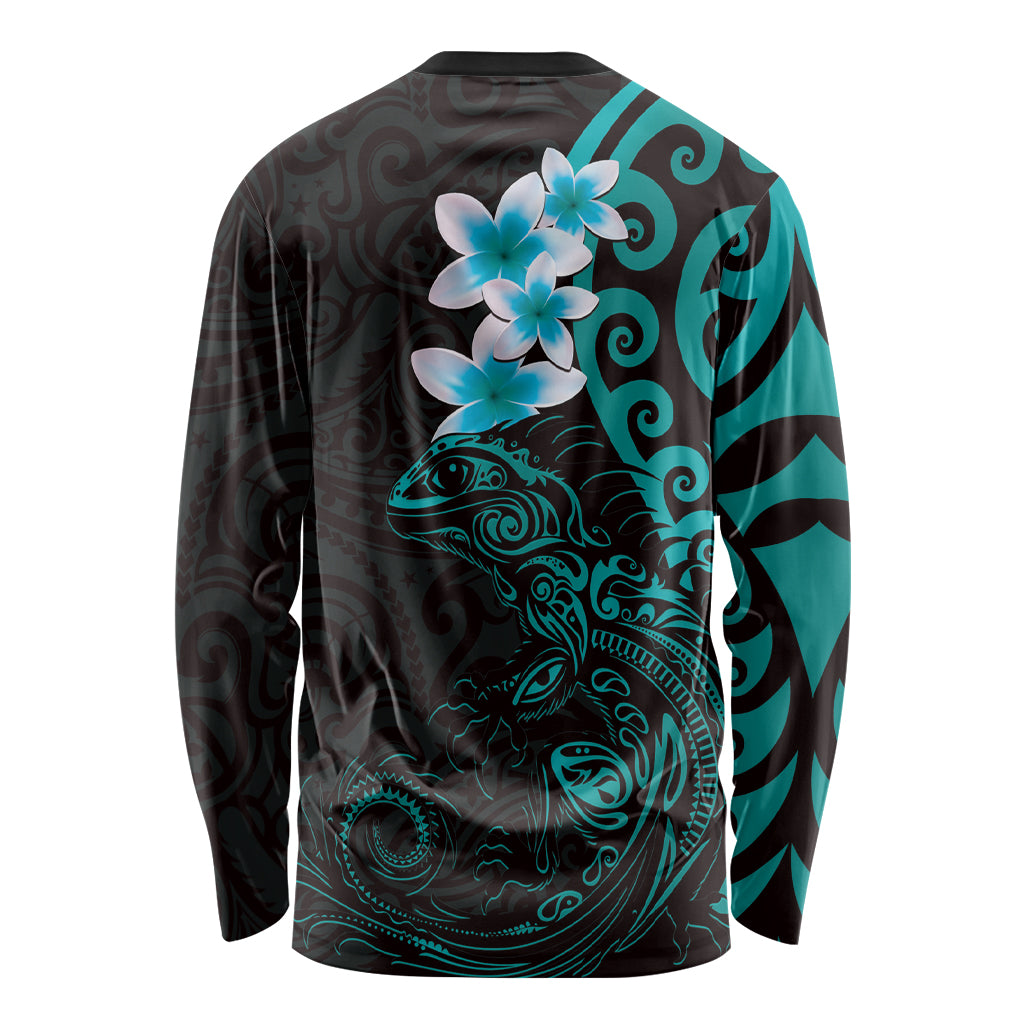 New Zealand Tuatara Plumeria Long Sleeve Shirt Maori Teal Koru Tribal Tattoo LT01 - Polynesian Pride