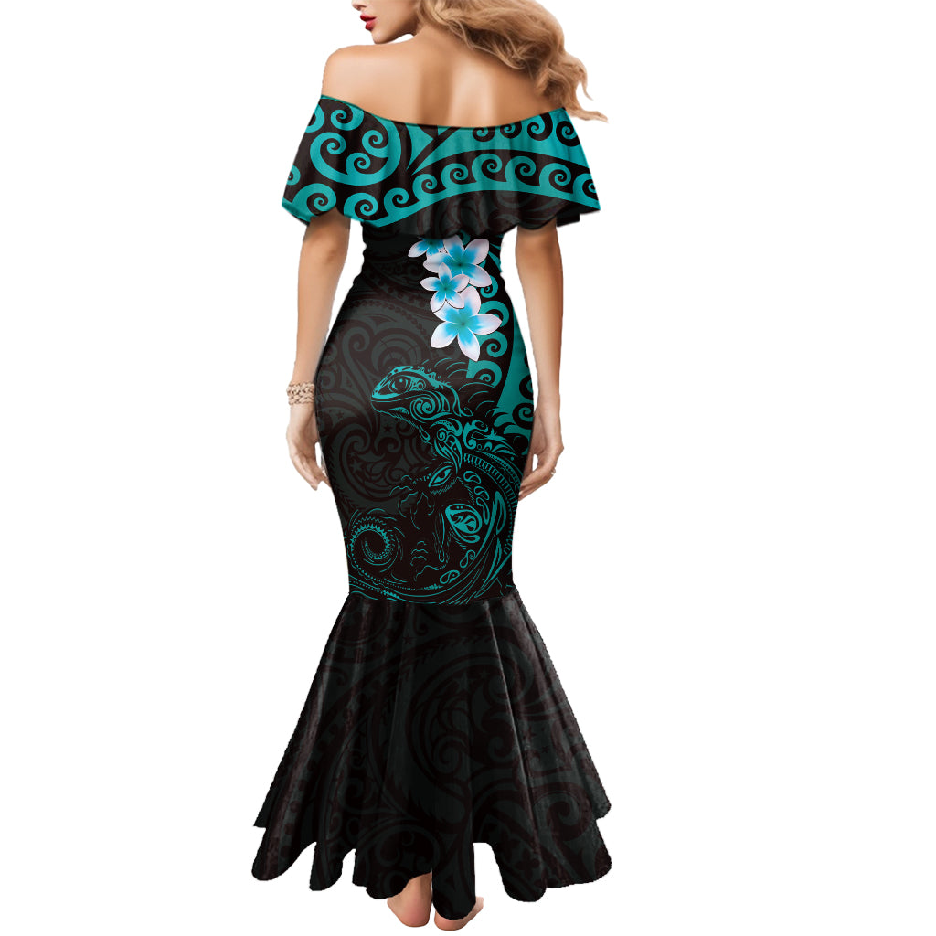 New Zealand Tuatara Plumeria Mermaid Dress Maori Teal Koru Tribal Tattoo LT01 - Polynesian Pride