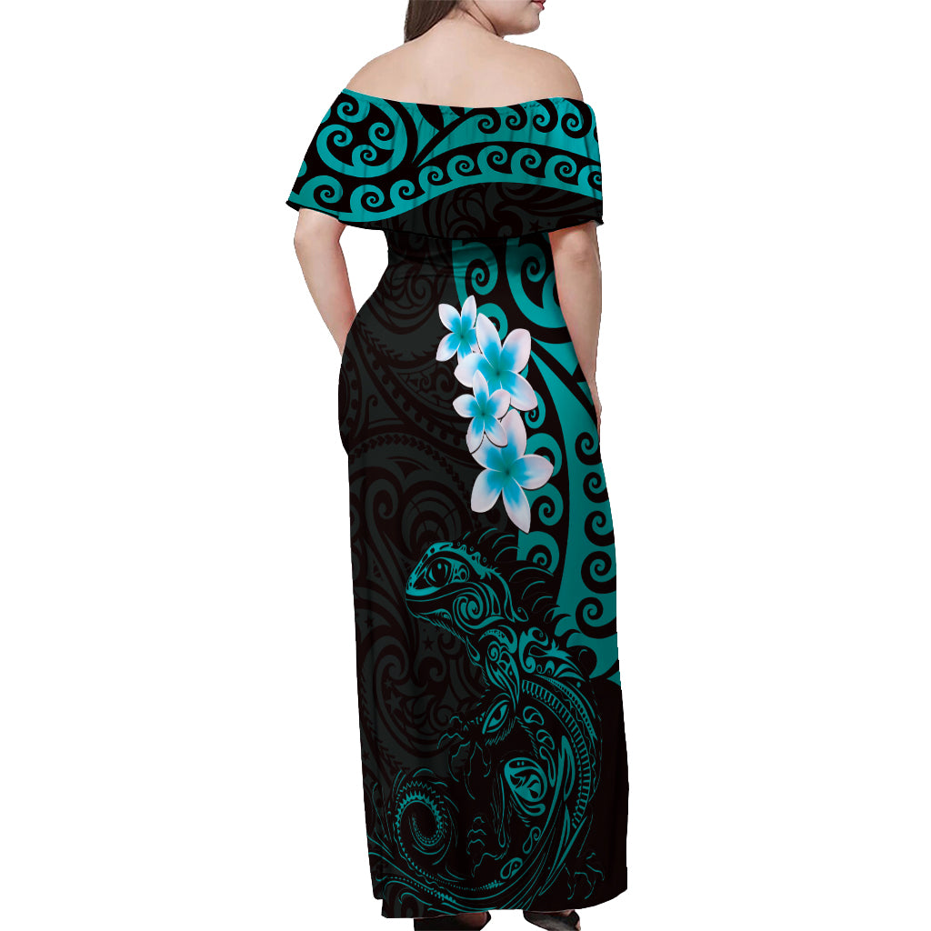 New Zealand Tuatara Plumeria Off Shoulder Maxi Dress Maori Teal Koru Tribal Tattoo LT01 - Polynesian Pride