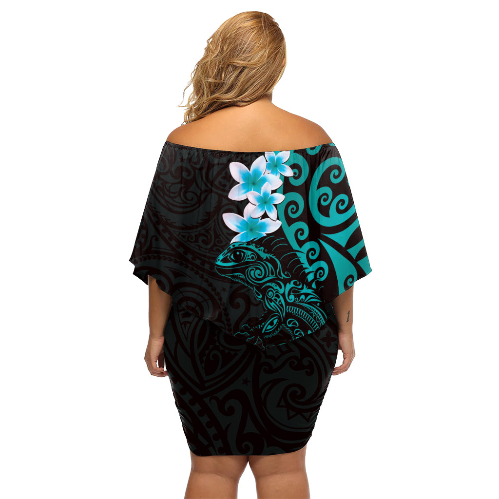 New Zealand Tuatara Plumeria Off Shoulder Short Dress Maori Teal Koru Tribal Tattoo LT01 - Polynesian Pride
