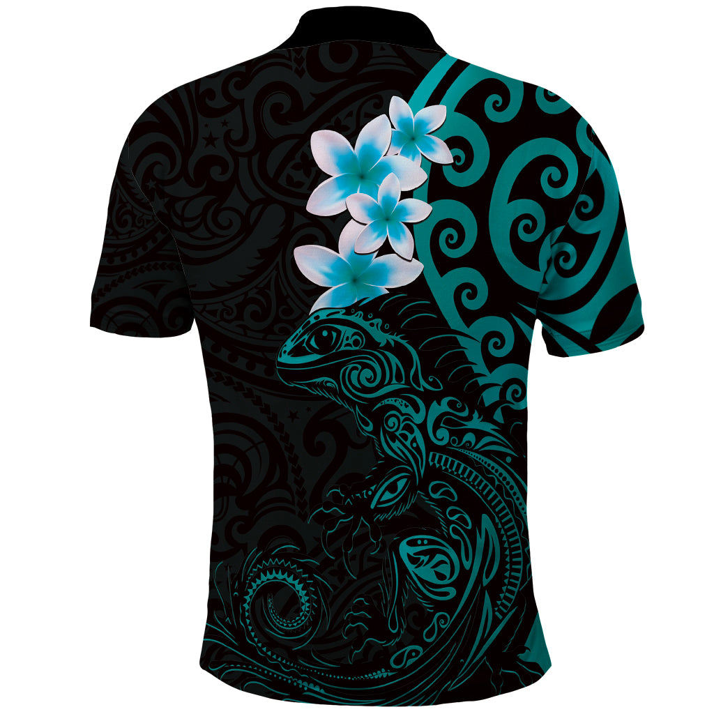 New Zealand Tuatara Plumeria Polo Shirt Maori Teal Koru Tribal Tattoo