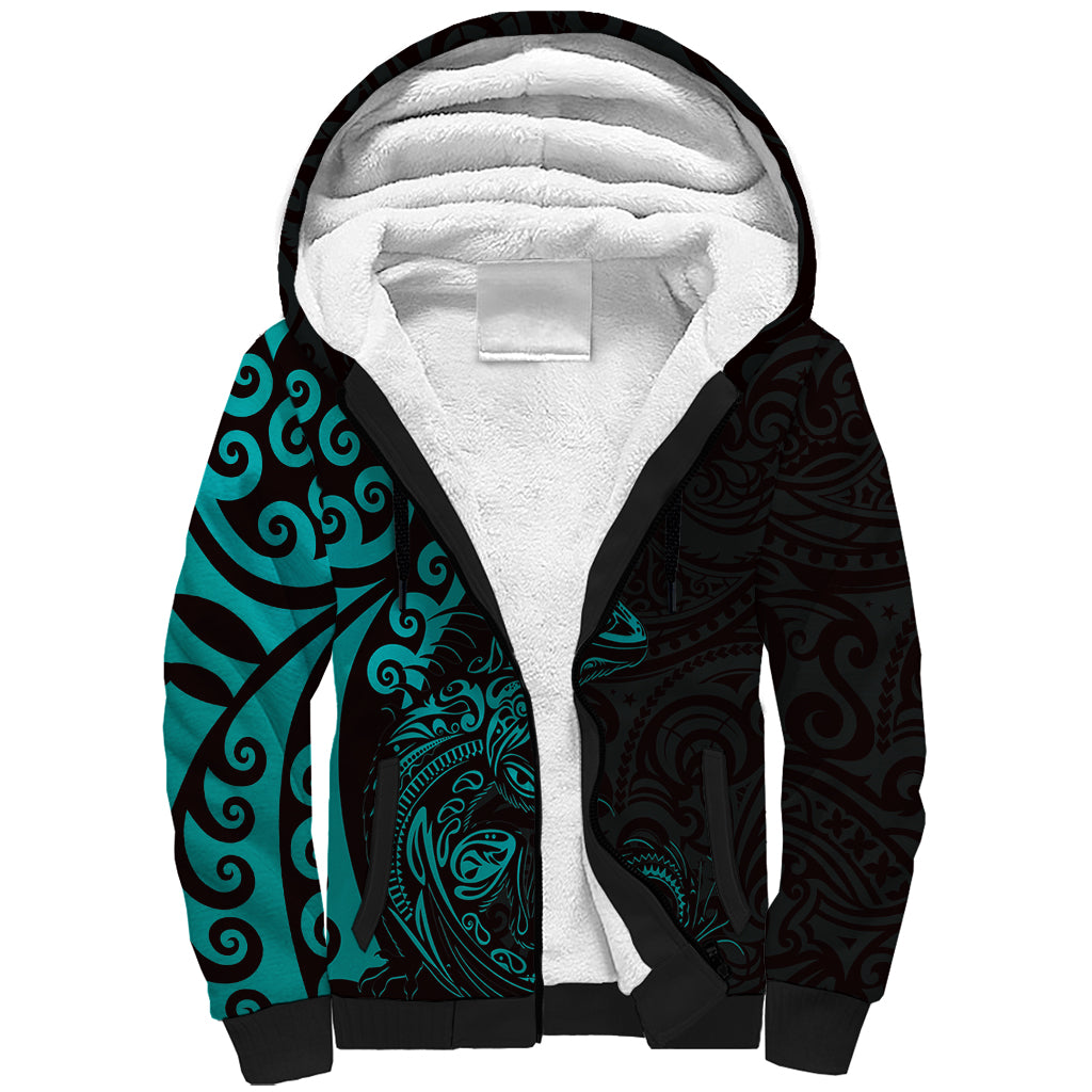 New Zealand Tuatara Plumeria Sherpa Hoodie Maori Teal Koru Tribal Tattoo LT01 Unisex Teal - Polynesian Pride