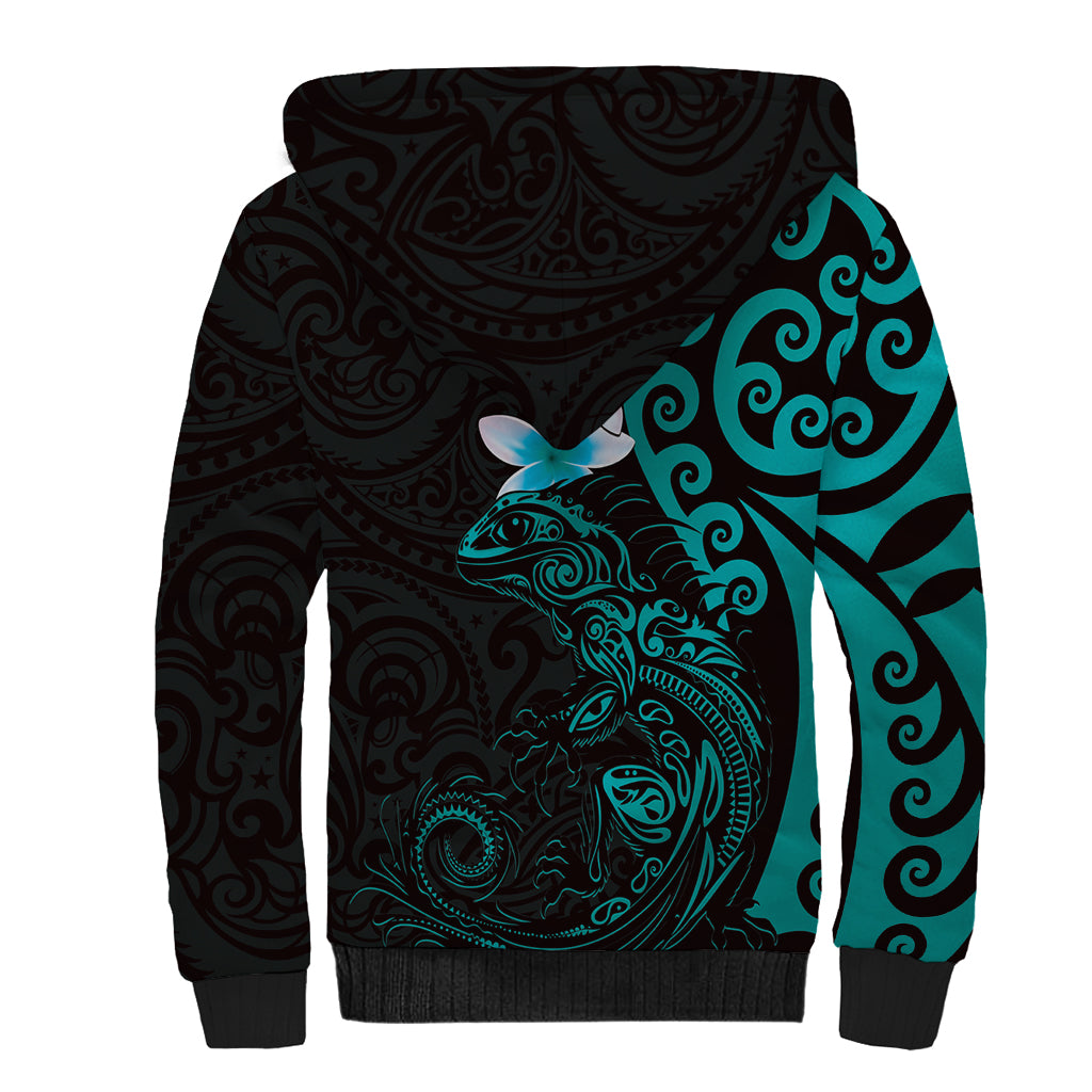 New Zealand Tuatara Plumeria Sherpa Hoodie Maori Teal Koru Tribal Tattoo LT01 - Polynesian Pride