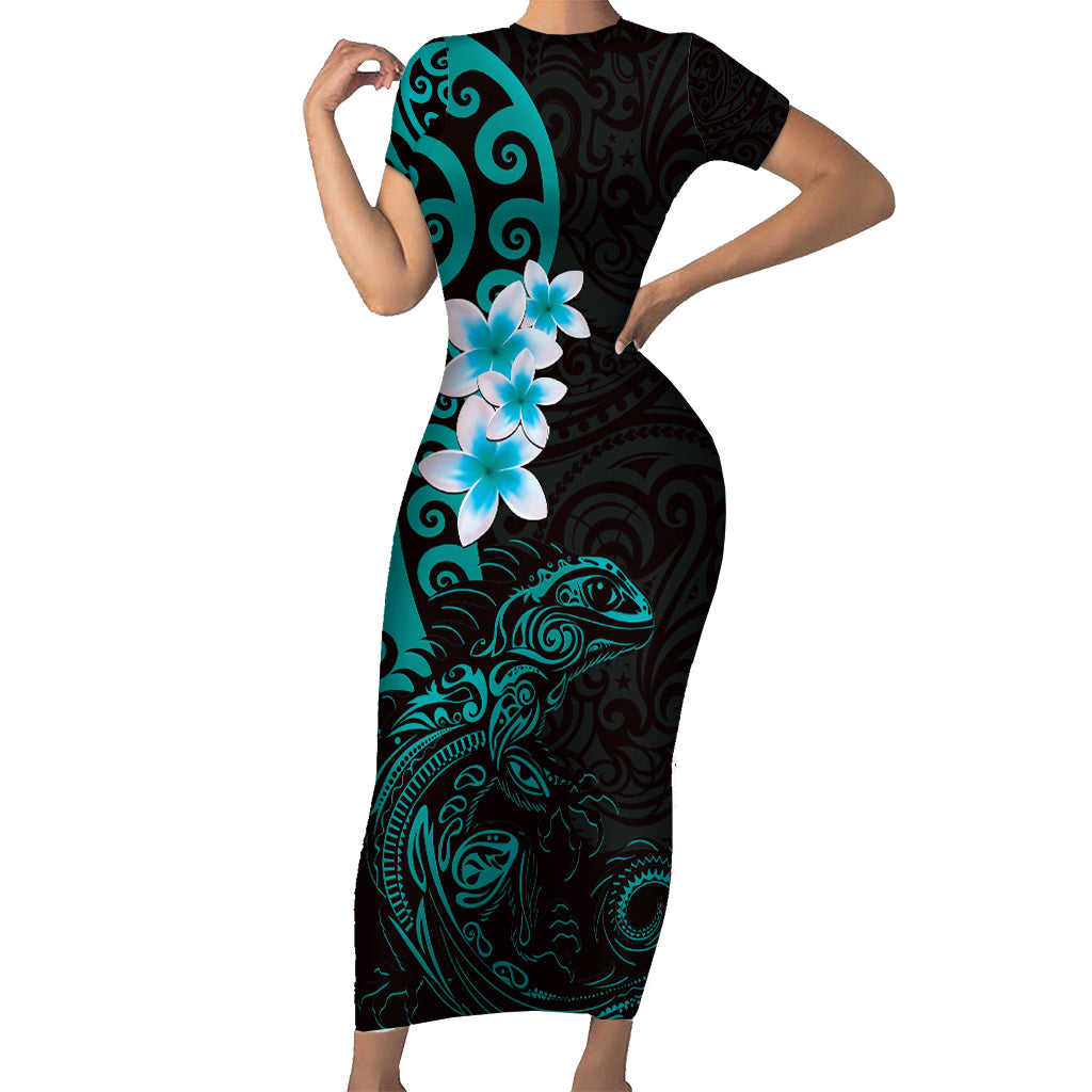 New Zealand Tuatara Plumeria Short Sleeve Bodycon Dress Maori Teal Koru Tribal Tattoo LT01 Long Dress Teal - Polynesian Pride