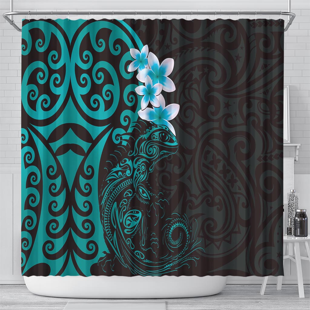New Zealand Tuatara Plumeria Shower Curtain Maori Teal Koru Tribal Tattoo LT01 - Polynesian Pride