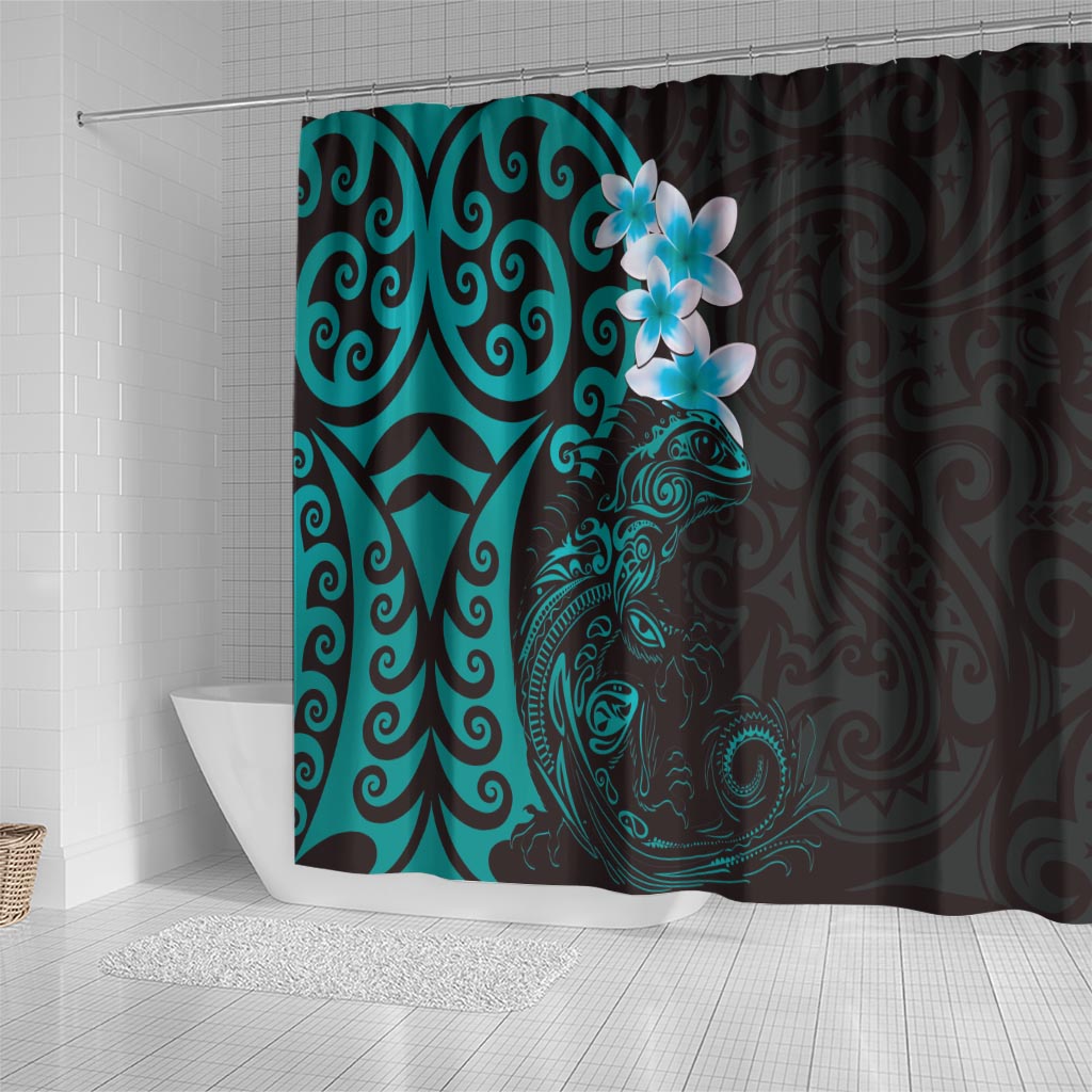 New Zealand Tuatara Plumeria Shower Curtain Maori Teal Koru Tribal Tattoo LT01 - Polynesian Pride