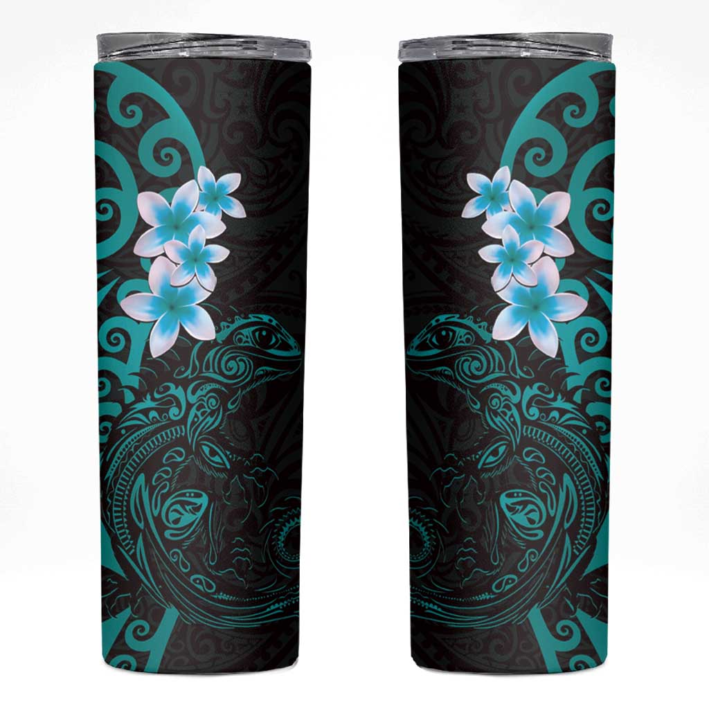New Zealand Tuatara Plumeria Skinny Tumbler Maori Teal Koru Tribal Tattoo LT01 Teal - Polynesian Pride