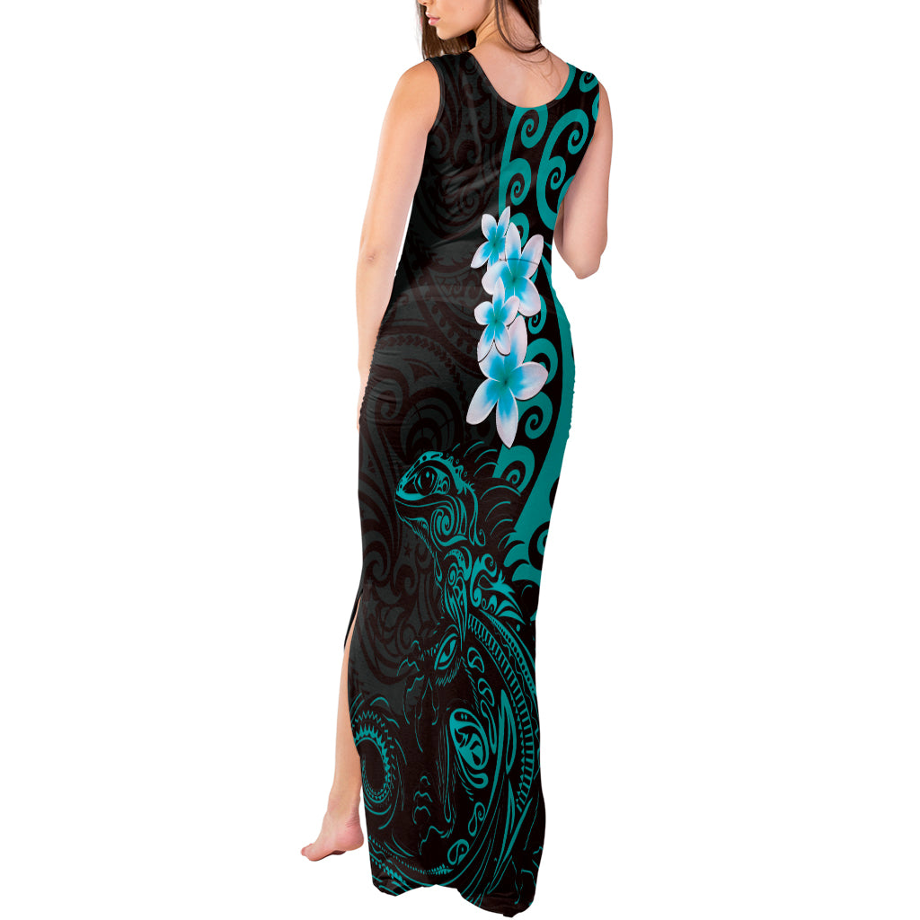 New Zealand Tuatara Plumeria Tank Maxi Dress Maori Teal Koru Tribal Tattoo LT01 - Polynesian Pride
