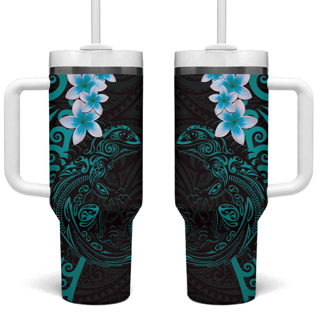 New Zealand Tuatara Plumeria Tumbler With Handle Maori Teal Koru Tribal Tattoo LT01 One Size: 40 oz Teal - Polynesian Pride