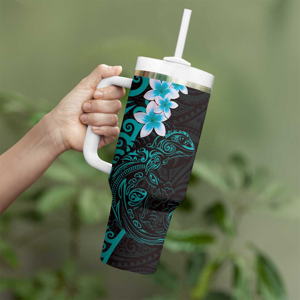 New Zealand Tuatara Plumeria Tumbler With Handle Maori Teal Koru Tribal Tattoo LT01 - Polynesian Pride