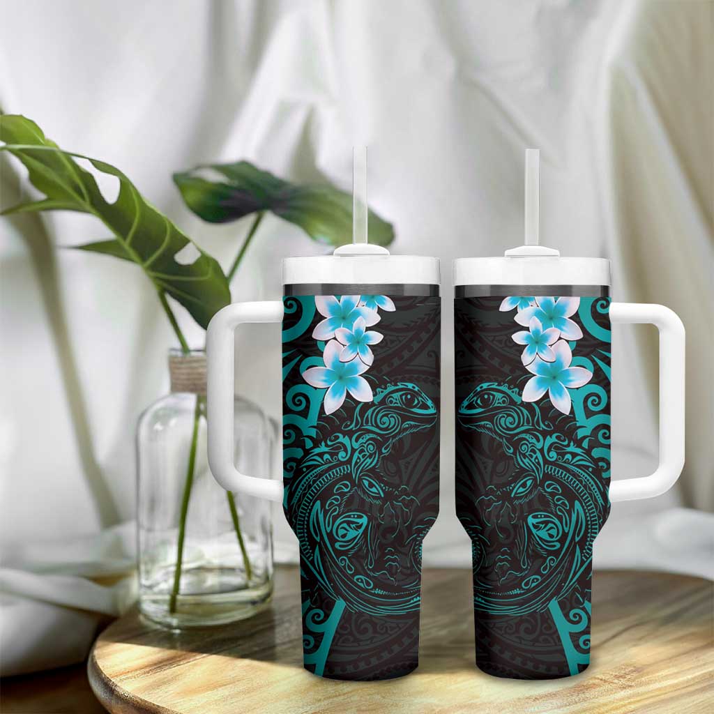 New Zealand Tuatara Plumeria Tumbler With Handle Maori Teal Koru Tribal Tattoo LT01 - Polynesian Pride