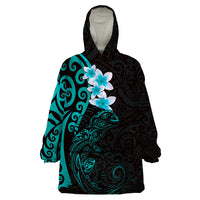 New Zealand Tuatara Plumeria Wearable Blanket Hoodie Maori Teal Koru Tribal Tattoo LT01 One Size Teal - Polynesian Pride