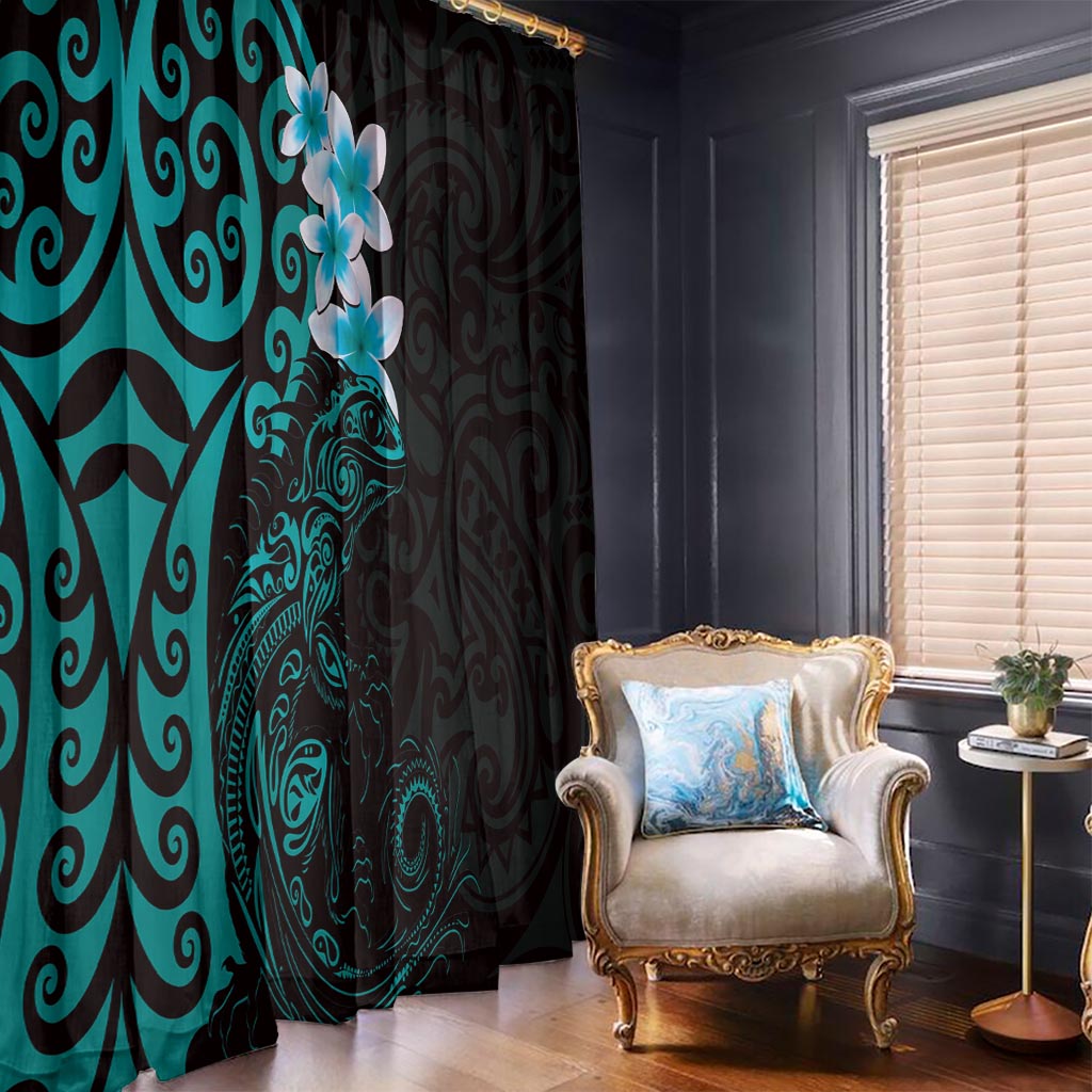 New Zealand Tuatara Plumeria Window Curtain Maori Teal Koru Tribal Tattoo